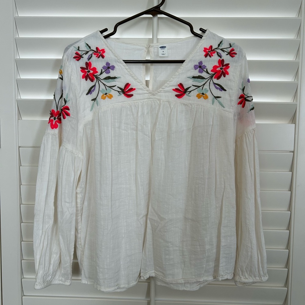 Old Navy White Blouse with Floral Embroidery